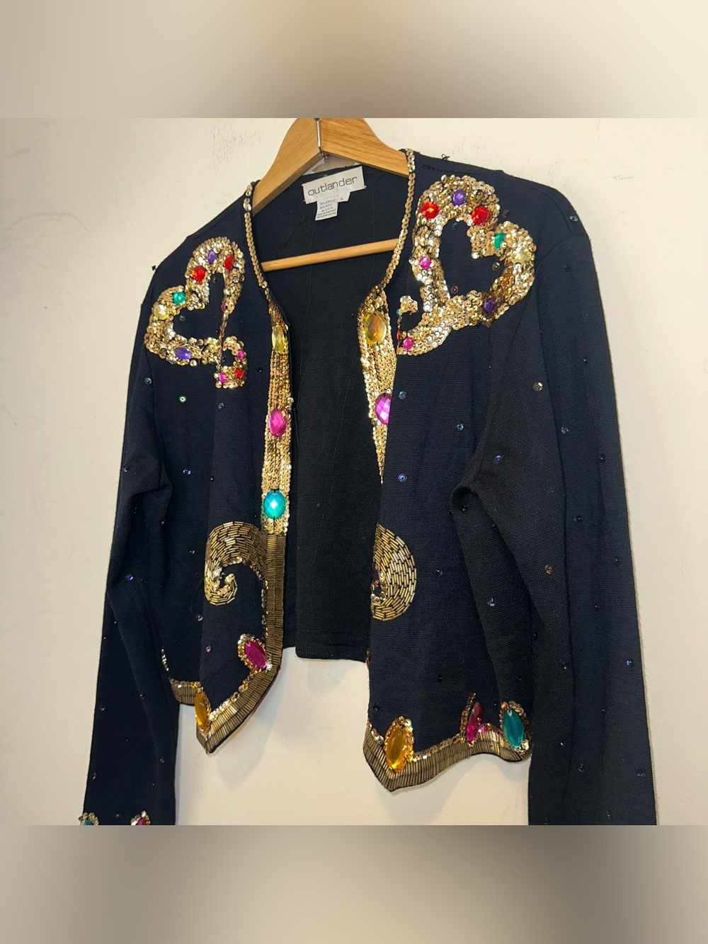 Vintage Outlander Cardigan Womens Large Black Beaded Wool Blend Glam Hong Kong